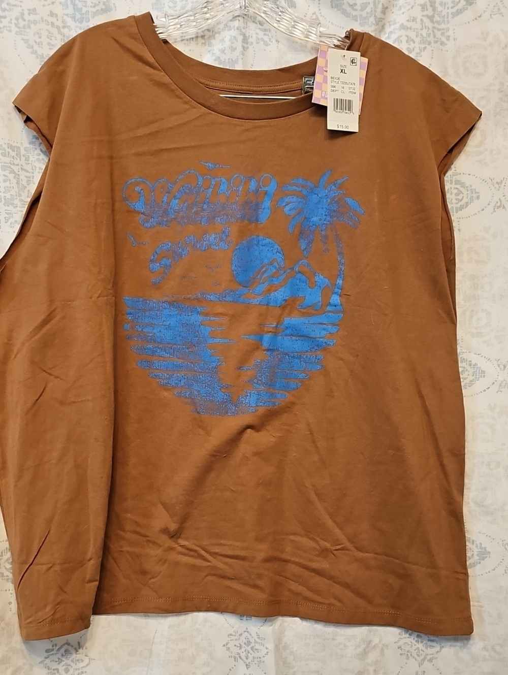 Women’s Muscle Tee with Blue Graphic - Brown - Picture 2 of 5